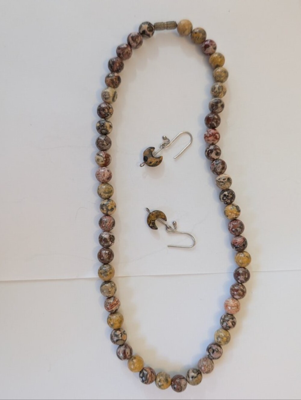 Vintage Natural Leopard Skin Jasper Beaded Necklace & Crescent Moon Earrings